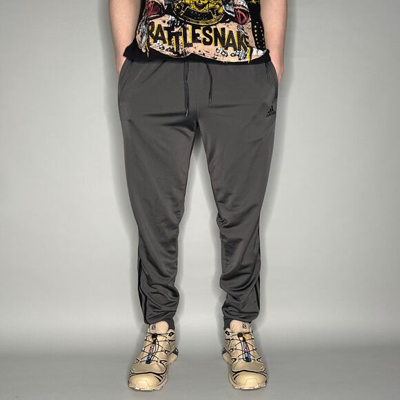 Vintage Y2K Adidas Sweatpants Mens M Dark Grey Black 3 Stripes Polyester Joggers - Picture 2 of 4